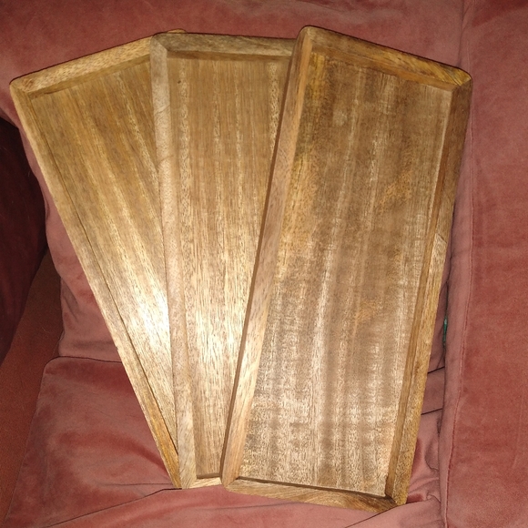 handmade Accents Set Of 3 New Antiqued Rectangle Carved Mango Wood Food Safe Tray Bohemian
